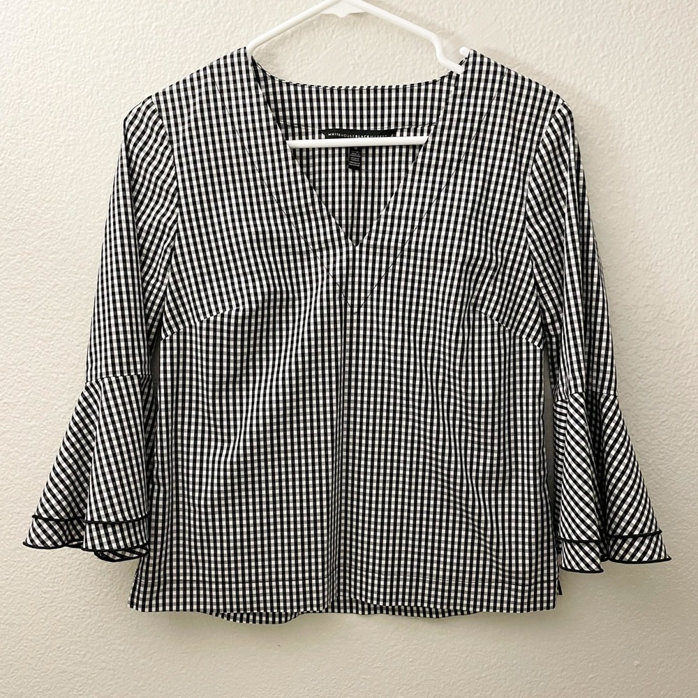 White House Black Market WHBM 3/4 Bell Sleeve Top M Gingham Checked Checkered 0